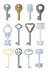 Retro and modern keys cartoon illustration set. Metal keys of various types from locks with ornate heads isolated on white background. Security, protection, privacy concept