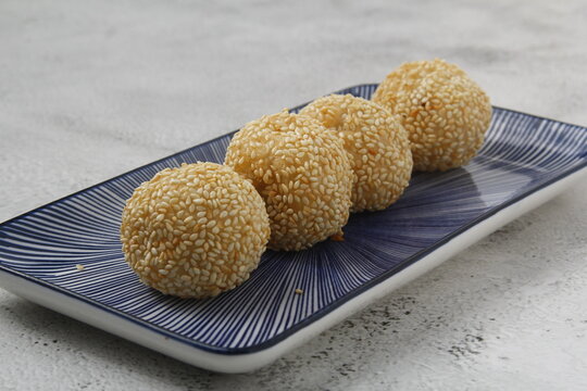 Freshly made Chinese dessert food called Buchi or Sesame balls with sweet filling