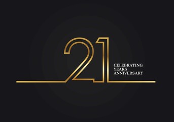 21 Years Anniversary logotype with golden colored font numbers made of one connected line, isolated on black background for company celebration event, birthday