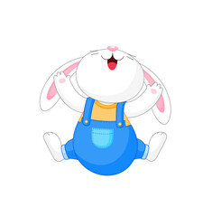 Cute cartoon bunny character jumping. Hare in casual outfit. Vector illustration.