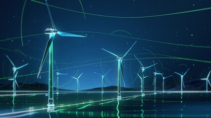 Concept: Futurustic Vizualisation of Offshore Wind Farm Produces Clean Energy In Absract Digital Environment