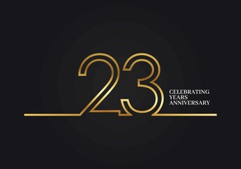 23 Years Anniversary logotype with golden colored font numbers made of one connected line, isolated on black background for company celebration event, birthday