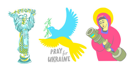 Set of Pray for Ukraine symbols icons - a dove of peace, a saint with anti-tank weapons and a plinth of independence.