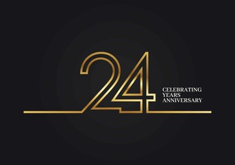 24 Years Anniversary logotype with golden colored font numbers made of one connected line, isolated on black background for company celebration event, birthday