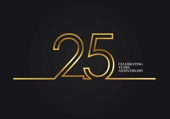 25 Years Anniversary logotype with golden colored font numbers made of one connected line, isolated on black background for company celebration event, birthday