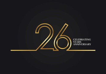 26 Years Anniversary logotype with golden colored font numbers made of one connected line, isolated on black background for company celebration event, birthday