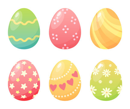 Cartoon colorful easter painted eggs. Spring religious holiday celebration elements. Happy Easter day, eggs hunting game