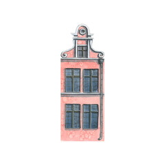 Obraz premium Watercolor illustration of the house of the old European city. Isolated. Pink. For decoration