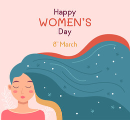 Horizontal International Women's Day Card with Silhouette of beautiful standing woman standing with hair in booth.