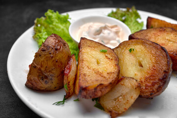 Homemade fried potatoes with sauce, on a dark background