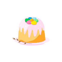 Cute Happy Easter cake on pink plate with willow twig.