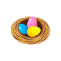 Cute Happy Easter nest with colorful eggs.