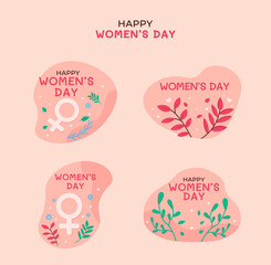 March 8 Women's Day. Pink background with women's day inscription cute character spring flower illustration International women's day greeting card template.