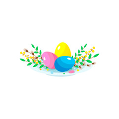 Cute Happy Easter plate with colorful eggs, willow, mimosa and green twigs.