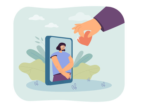 Hand Giving Heart To Sad Girl On Phone Screen. Online Psychological Counseling Flat Vector Illustration. Support, Depression, Anxiety Concept For Banner, Website Design Or Landing Web Page