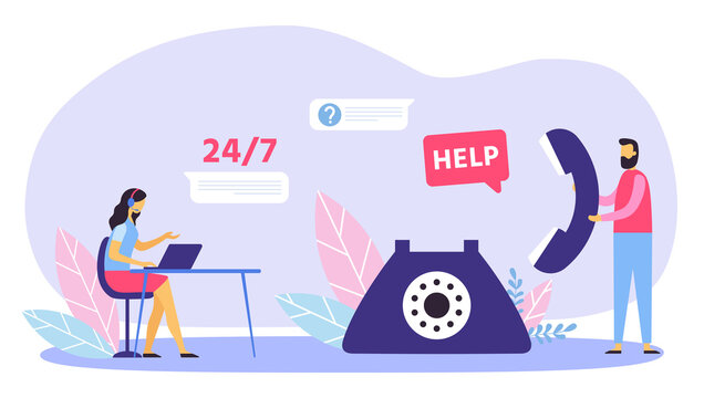 Customer support. Call center workers answering question and providing help on phone and online. Woman chatting with clients