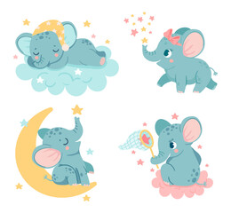 Cute cartoon elephants. Baby characters dreaming, sleeping on fluffy cloud. Adorable animal sitting on moon