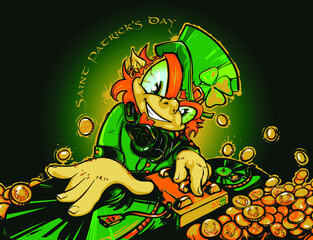 DJ Leprechaun and coins with clover and horseshoes