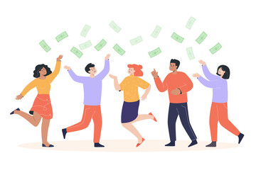 Happy people under money rain flat vector illustration. Cheerful men and women jumping, celebrating financial success and achieving goal together. Finance, team, economy concept