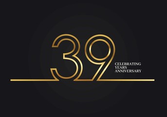 39 Years Anniversary logotype with golden colored font numbers made of one connected line, isolated on black background for company celebration event, birthday
