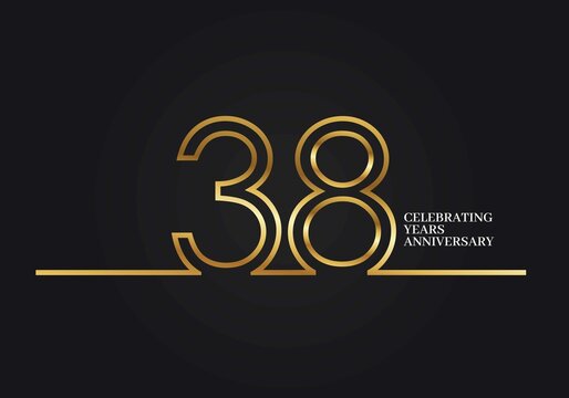 38 Years Anniversary logotype with golden colored font numbers made of one connected line, isolated on black background for company celebration event, birthday