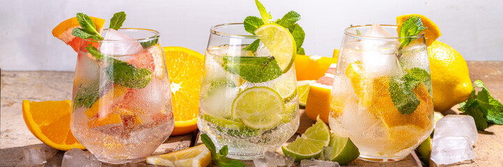 Summer healthy cocktails, mocktails. Set of various citrus lemonades mojito, with lime, lemon, orange, grapefruit, diet detox beverages - obrazy, fototapety, plakaty
