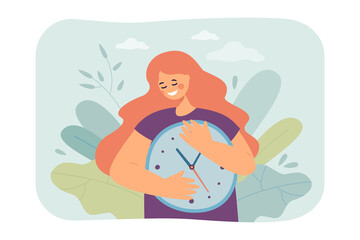 Happy girl hugging clock flat vector illustration. Woman taking care of schedule, planning activities. Time management concept for banner, website design or landing web page