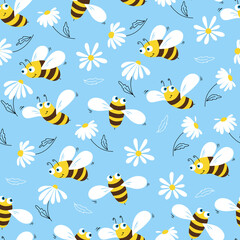 Daisy and bee seamless pattern. Flowers and cartoon bees on a blue background. Vector. 