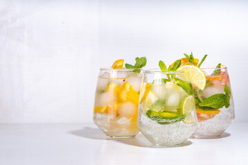 Summer healthy cocktails, mocktails. Set of various citrus lemonades mojito, with lime, lemon, orange, grapefruit, diet detox beverages