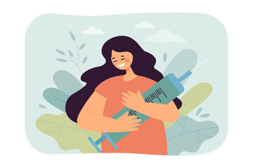Girl hugging vaccine syringe flat vector illustration. Woman supporting vaccination against coronavirus. Healthcare, medicine, immunization concept for banner, website design or landing web page