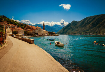 Harbour and boats at Boka Kotor bay (Boka Kotorska), Montenegro, Europe.
