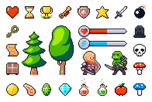 A set of pixel items for RPG, Sandbox, or other 2d video games. Isolated icons in 16x16 scale, characters are 32 pixels high and trees up to 64 pixels.