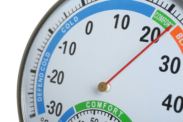 Fototapeta premium Round mechanical hygrometer on white background, closeup. Meteorological tool