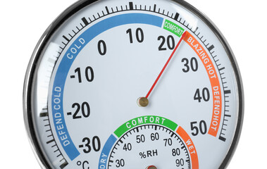 Round mechanical hygrometer on white background, closeup. Meteorological tool