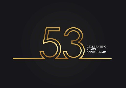 53 Years Anniversary logotype with golden colored font numbers made of one connected line, isolated on black background for company celebration event, birthday