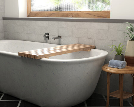 Wood caddy for bathtub in modern bathroom with patterned glass window for product presentation or display such as skin care, hair care, spa, etc