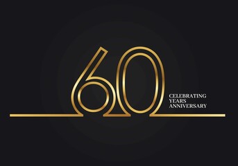 60 Years Anniversary logotype with golden colored font numbers made of one connected line, isolated on black background for company celebration event, birthday