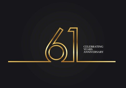 61 Years Anniversary logotype with golden colored font numbers made of one connected line, isolated on black background for company celebration event, birthday