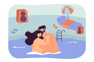 Couple hugging in swimming pool flat vector illustration. Happy naked man and woman cuddling, relaxing together. Love, summer, family concept for banner, website design or landing web page