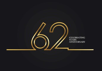 62 Years Anniversary logotype with golden colored font numbers made of one connected line, isolated on black background for company celebration event, birthday