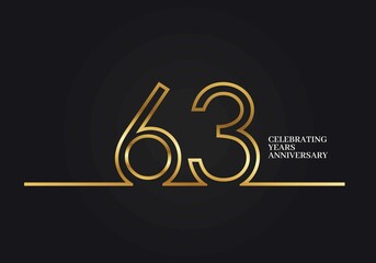 63 Years Anniversary logotype with golden colored font numbers made of one connected line, isolated on black background for company celebration event, birthday
