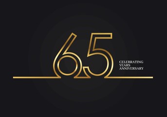 65 Years Anniversary logotype with golden colored font numbers made of one connected line, isolated on black background for company celebration event, birthday