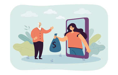 Girl giving moneybag to senior person through phone screen. Happy woman helping elderly man flat vector illustration. Volunteer, donation concept for banner, website design or landing web page
