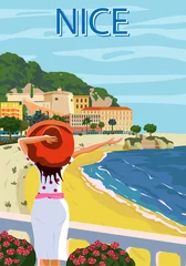 Selbstklebende Fototapeten Nice French Riviera coast poster vintage. Woman on vacation, resort, coast, sea, beach. Retro style illustration vector © hadeev