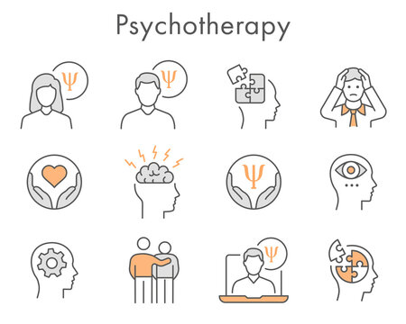 Psychotherapy icon set. Collection of mental, depression, emotion, doctor and more. Vector illustration. Editable Stroke.