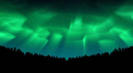 Beautiful Northern Lights Aurora Borealis Green Dynamic Flickers Sky over Forest Trees Landscape. Wide View of Polar Lights. 