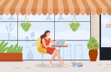 Woman working online with laptop. Female character sitting at table outdoor. Cartoon employee working remotely