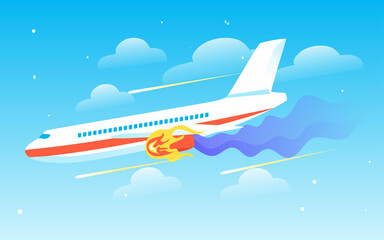 Fototapeta na wymiar Airplane flying high in the sky with accident, vector illustration