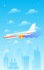 Airplane flying high in the sky with accident, vector illustration