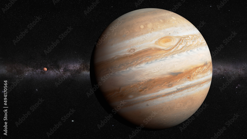 Wall mural realistic 3d illustration of jupiter and mars planet size comparison. 8k resolution space renderings